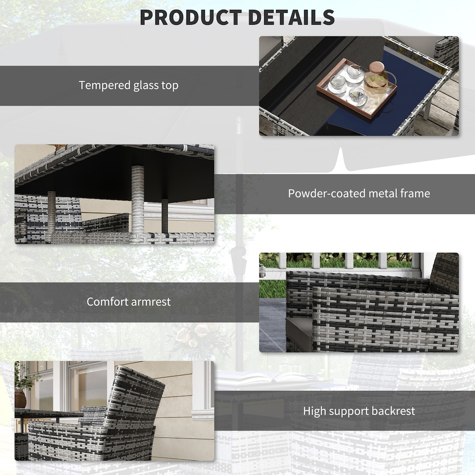 image 1 of Outsunny 4 Seater Rattan Dining Set with Cushions, 5 Pieces Garden Dining Set with Glass Tabletop, PE Rattan Garden Furniture Set with Dining Table and Armchairs for Patio, Balcony, Mixed Grey