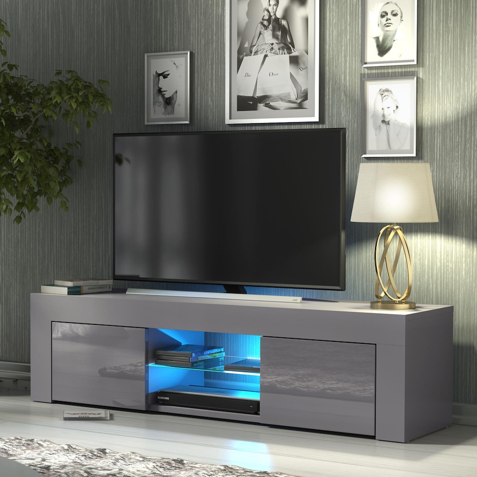 image 1 of TV Unit TV Stand Cabinet Sideboard Grey High Gloss Doors Free LED 130cm