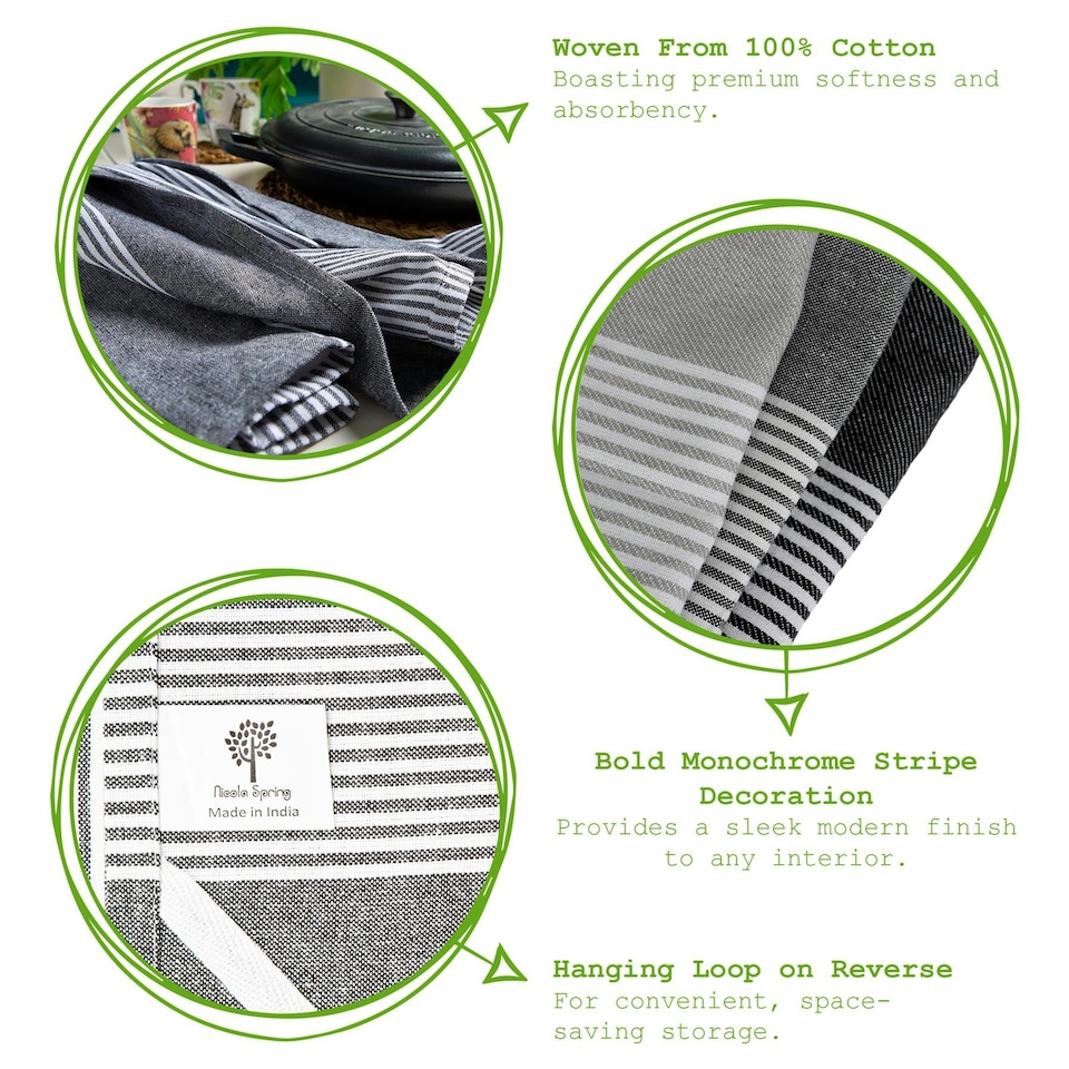image 1 of Nicola Spring 100% Cotton Kitchen Tea Towels Cleaning Drying Cloth - 70cm x 50cm - Black Pinstripe - Pack of 2
