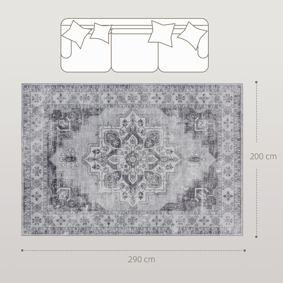 image 1 of HOMCOM Vintage Area Rug, Non-Slip Washable Rug, Flannel Floor Carpet for Living Room, Bedroom, Dining Room, Home Office, 290 x 200 cm, Grey | Grey
