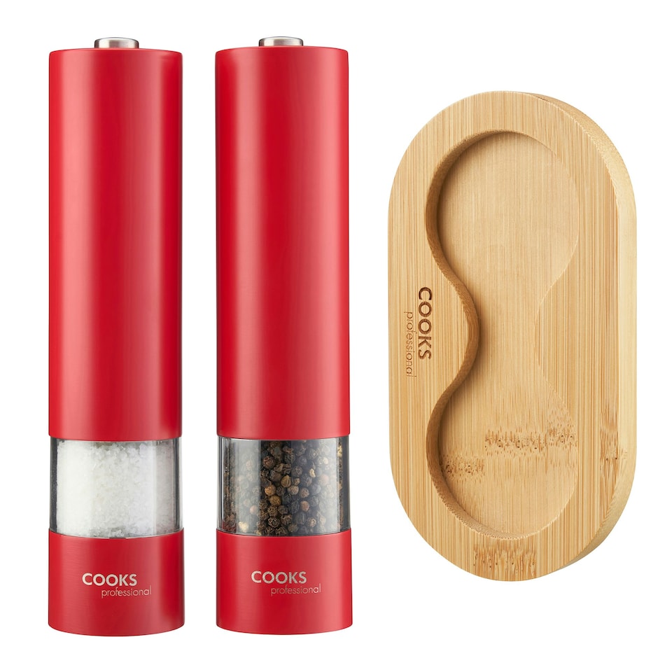 image 1 of Cooks Professional Electric Salt & Pepper Mill Set with Bamboo Base | Adjustable Grind Settings | Simple One-Button Operation | Red