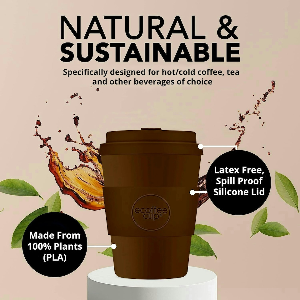 image 1 of Ecoffee Cup 8oz 240ml Reusable Eco-Friendly 100% Plant Based Coffee Cup with Silicone Lid & Sleeve - Melamine Free Travel Mug N/A | Spooky Action At A Distance