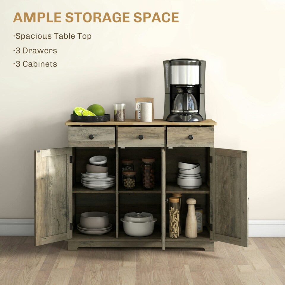 image 1 of HOMCOM Sideboard Buffet Cabinet with Rubber Wood Top and Drawers, Grey 