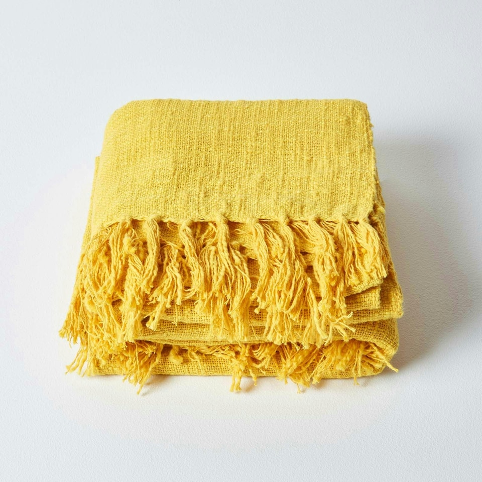 image 1 of Homescapes Nirvana Slub Cotton Ochre Yellow Throw - 225 x 255 cm Yellow