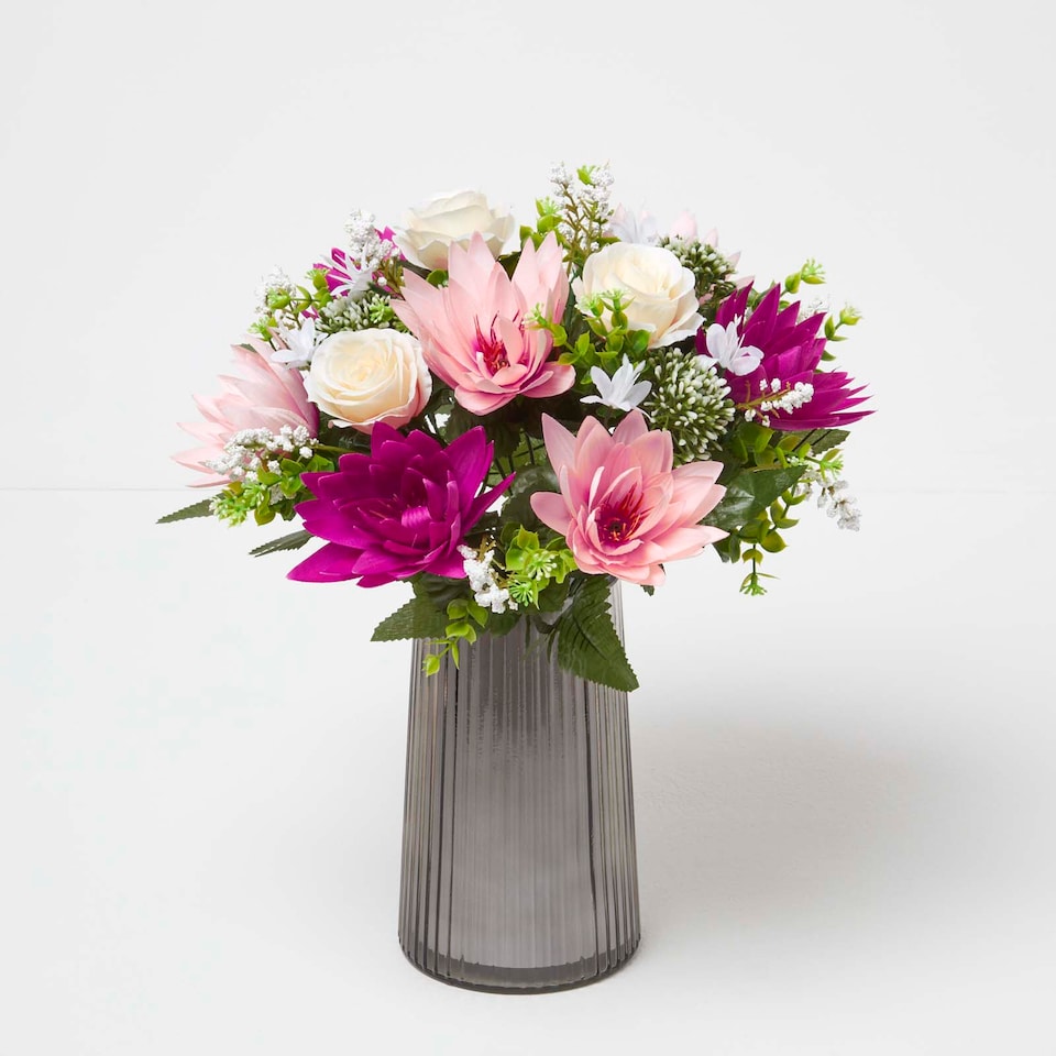 image 1 of Homescapes Rose & Lotus Flower Bouquet, Pink & Purple Set of 2