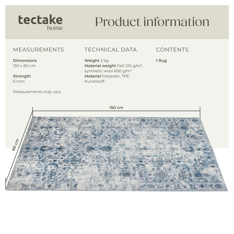 image 1 of Vintage Rug Amara - faded design, machine washable, short pile & non-slip underside Blue | 150 x 80 cm