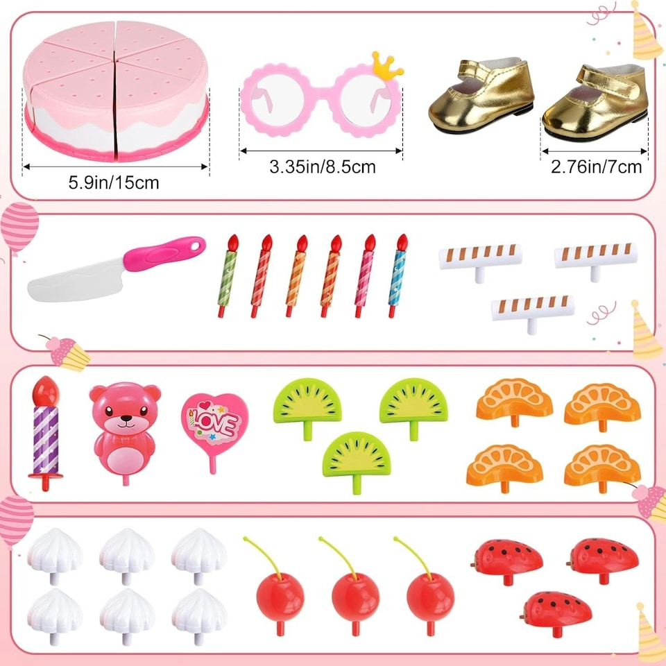 image 1 of Baby Doll Birthday Clothes Set Pretend Play Cake Cutting and Decorating Accessories for 12-16 inch Dolls doll not included