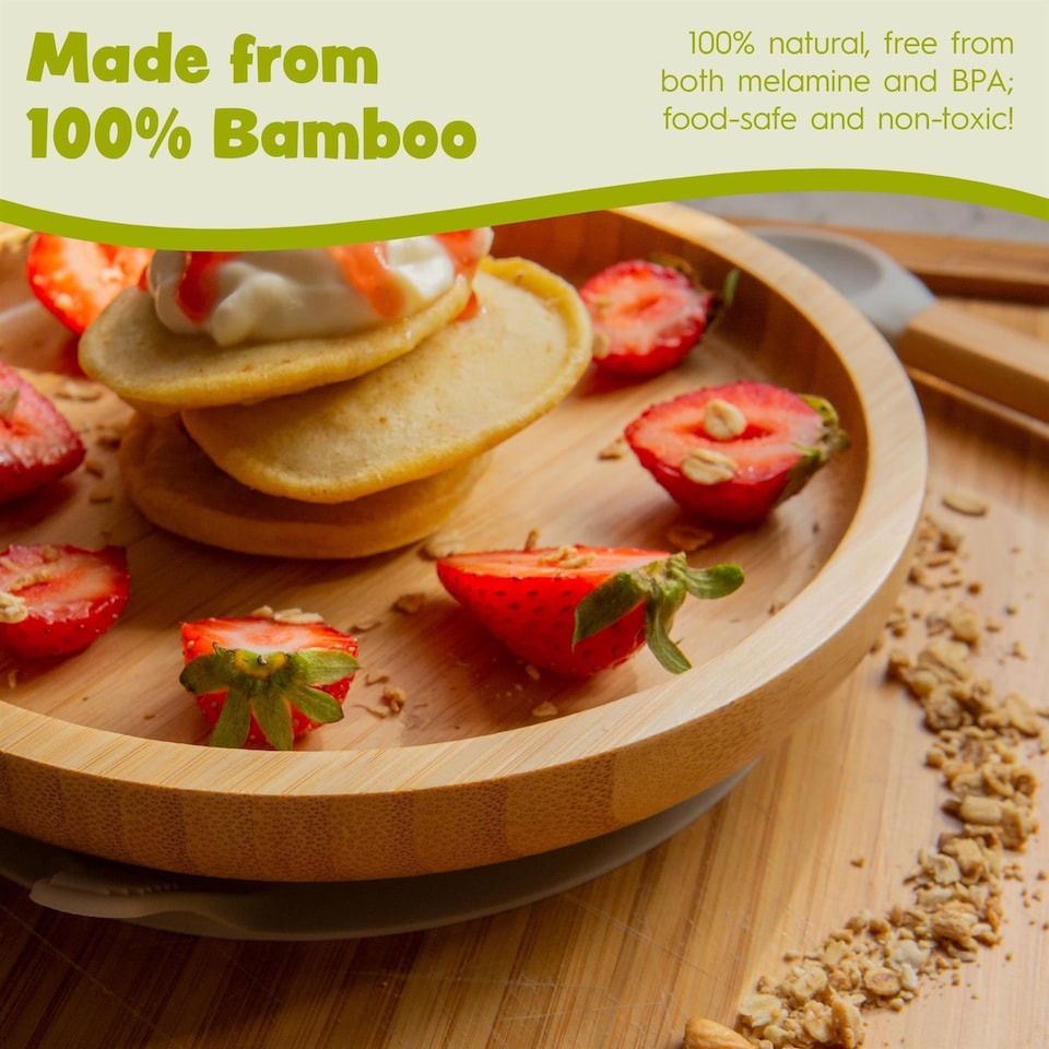 image 1 of Tiny Dining Bamboo Round Baby Weaning Plate & Fork Set - Pastel Pink