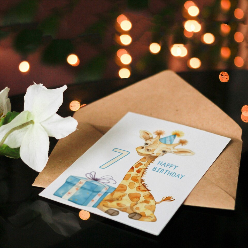 image 1 of Cute Party Hat Cartoon Fun Age 7 Year Old Child Kids 7th Birthday Card