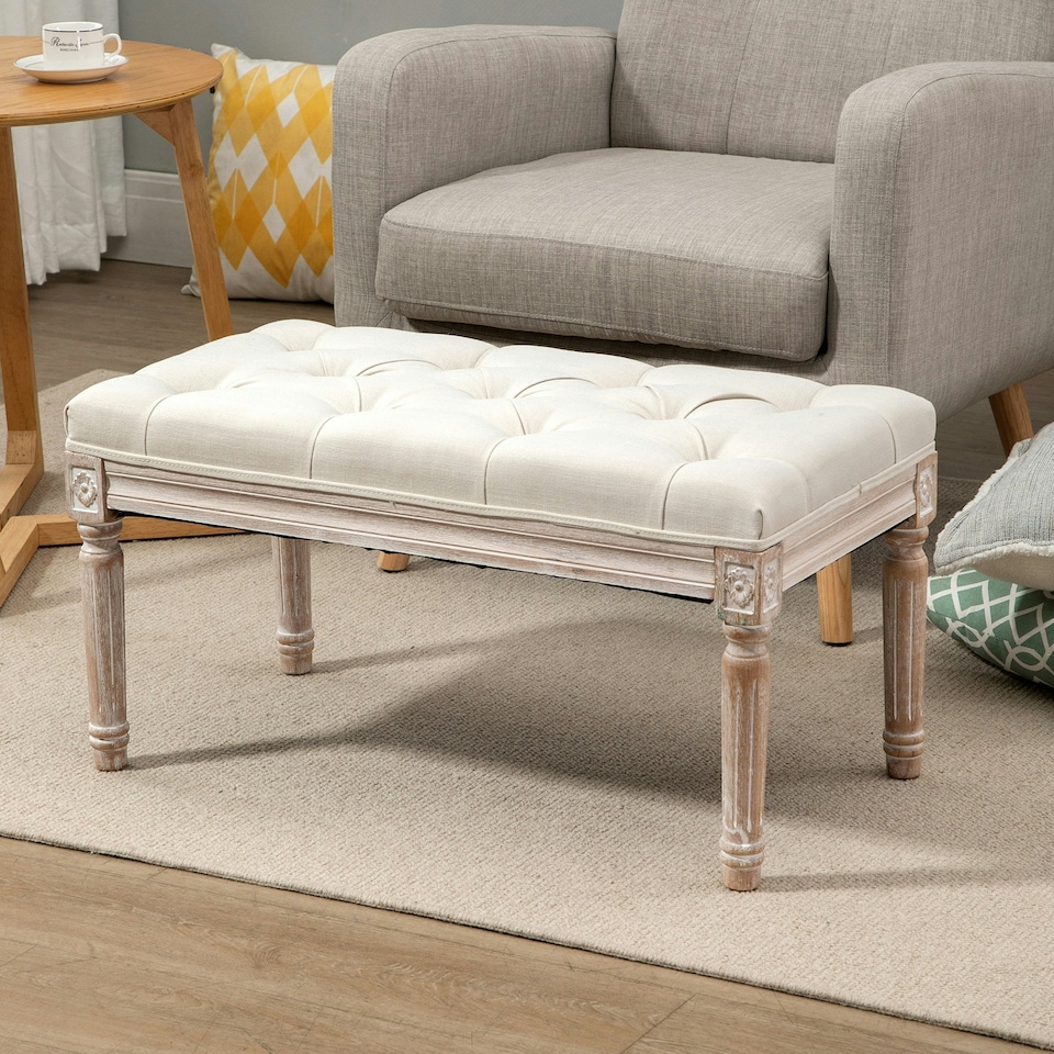 image 1 of HOMCOM Accent Bench Tufted Upholstered Foot Stool Linen-Touch Ottoman Cream