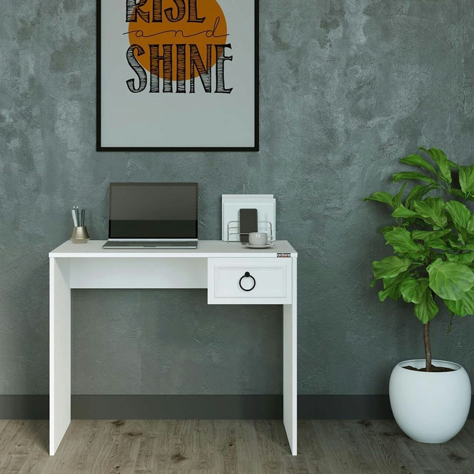image 1 of Adore Matt White Laptop Study Desk with 1 Drawer | White