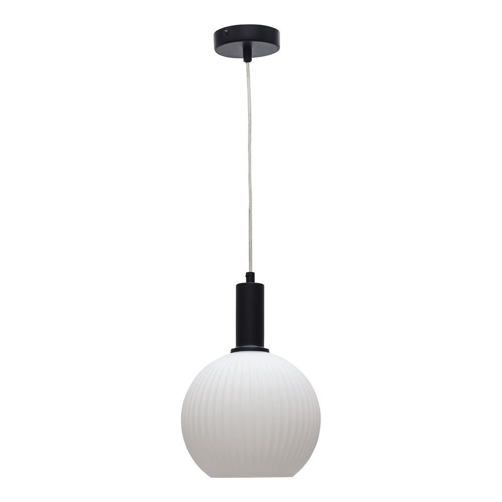 First Choice Lighting Betchley - White Ribbed Glass Globe Black Deco Pendant Fitting