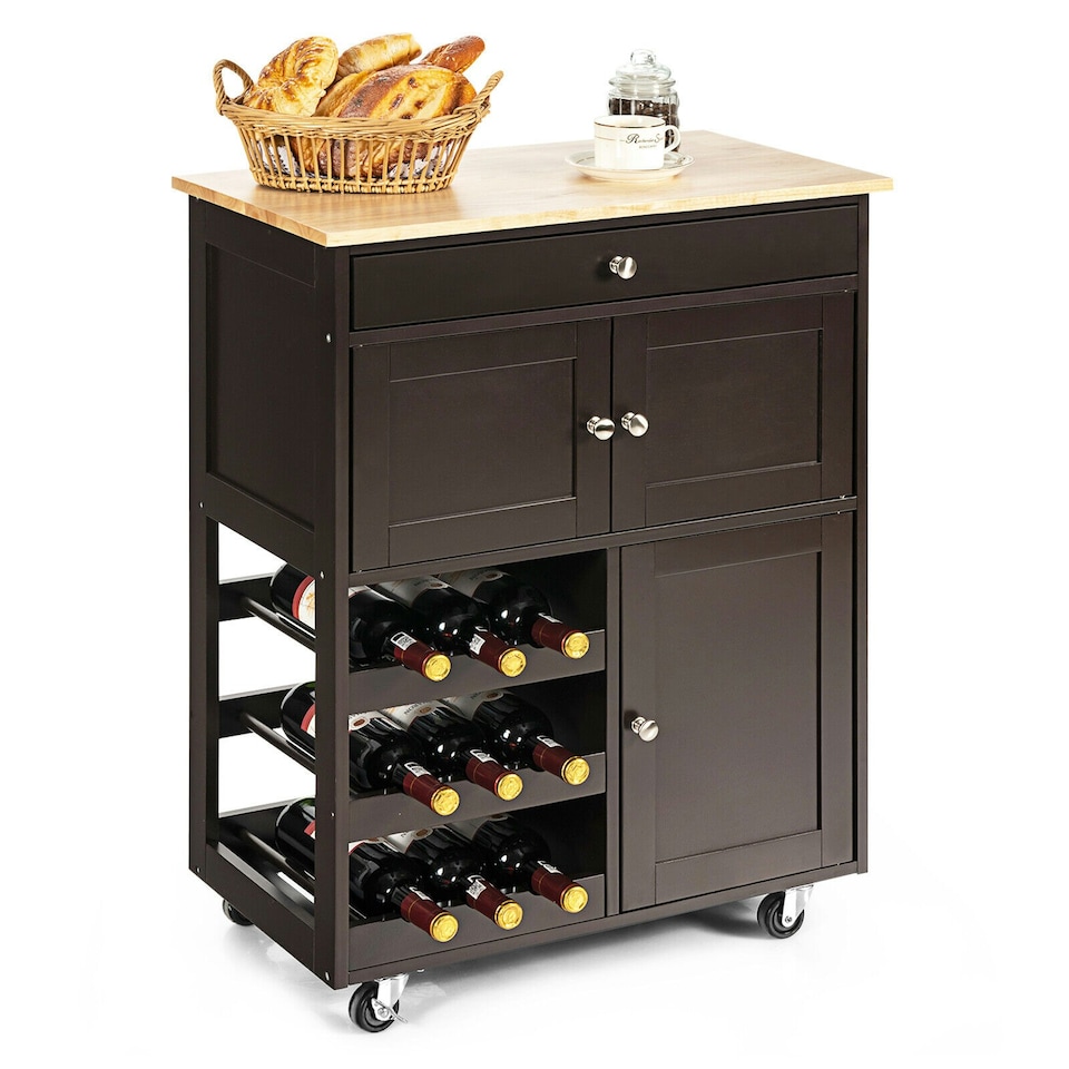 image 1 of COSTWAY Rolling Kitchen Storage Trolley Cupboard Island Brown