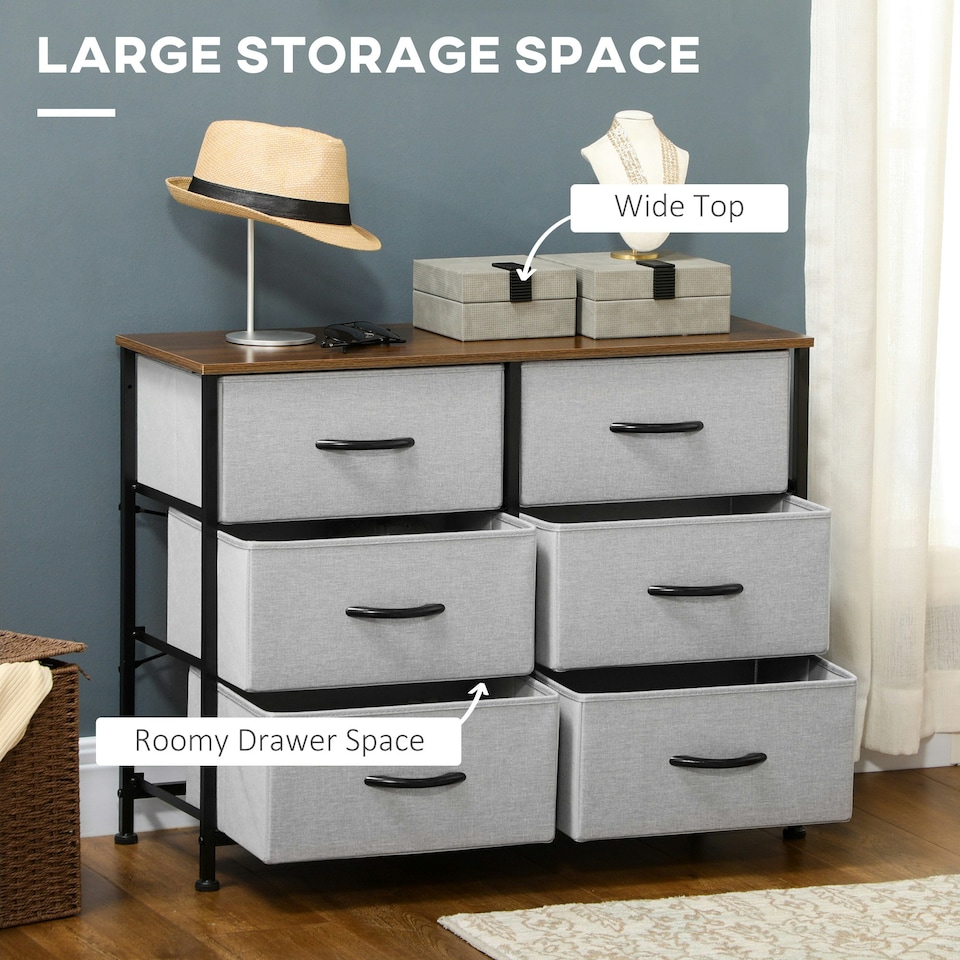 image 1 of HOMCOM 6 Drawer Fabric Chest of Drawers w/ Wooden Top for Hallway Grey