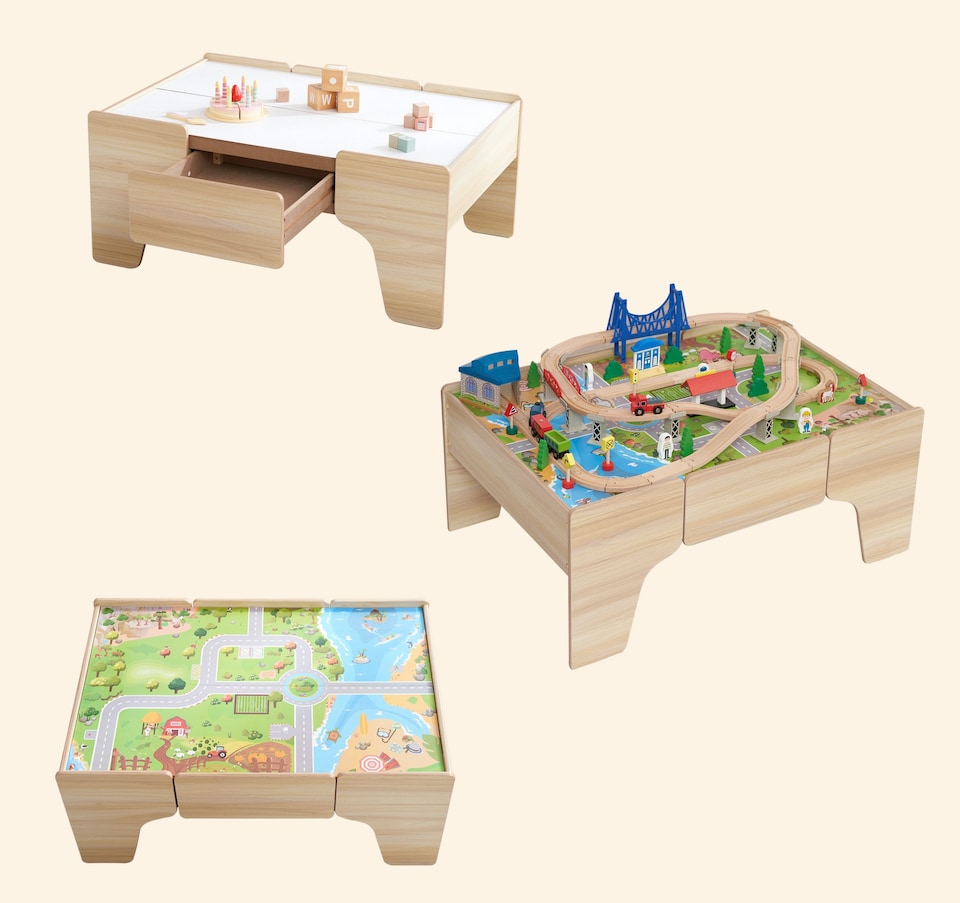 image 1 of Hooga Kids Activity Table Including 80 Piece Wooden Train Playset | Brown