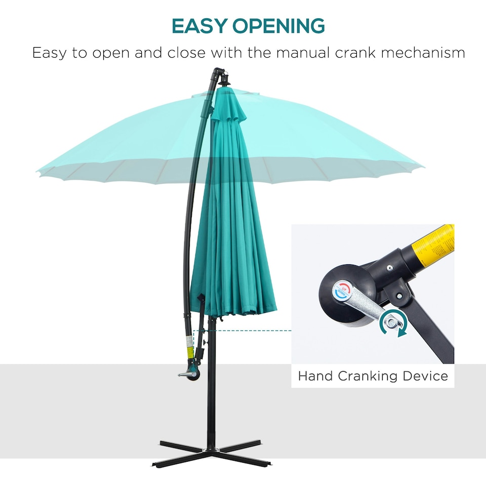 image 1 of Outsunny 3(m) Cantilever Shanghai Parasol w/ Crank Handle, Cross Base, Turquoise