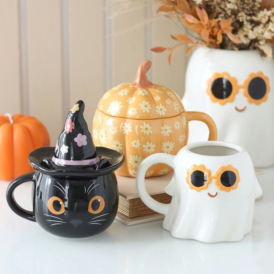 image 1 of Ceramic Groovy Floral Pumpkin Lidded Mug Orange