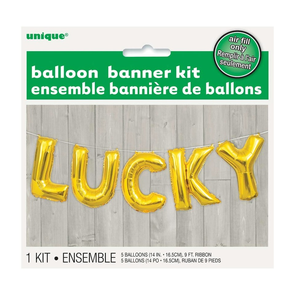 image 1 of Unique Party Lucky Foil Balloon Banner Kit - Gold - One Size