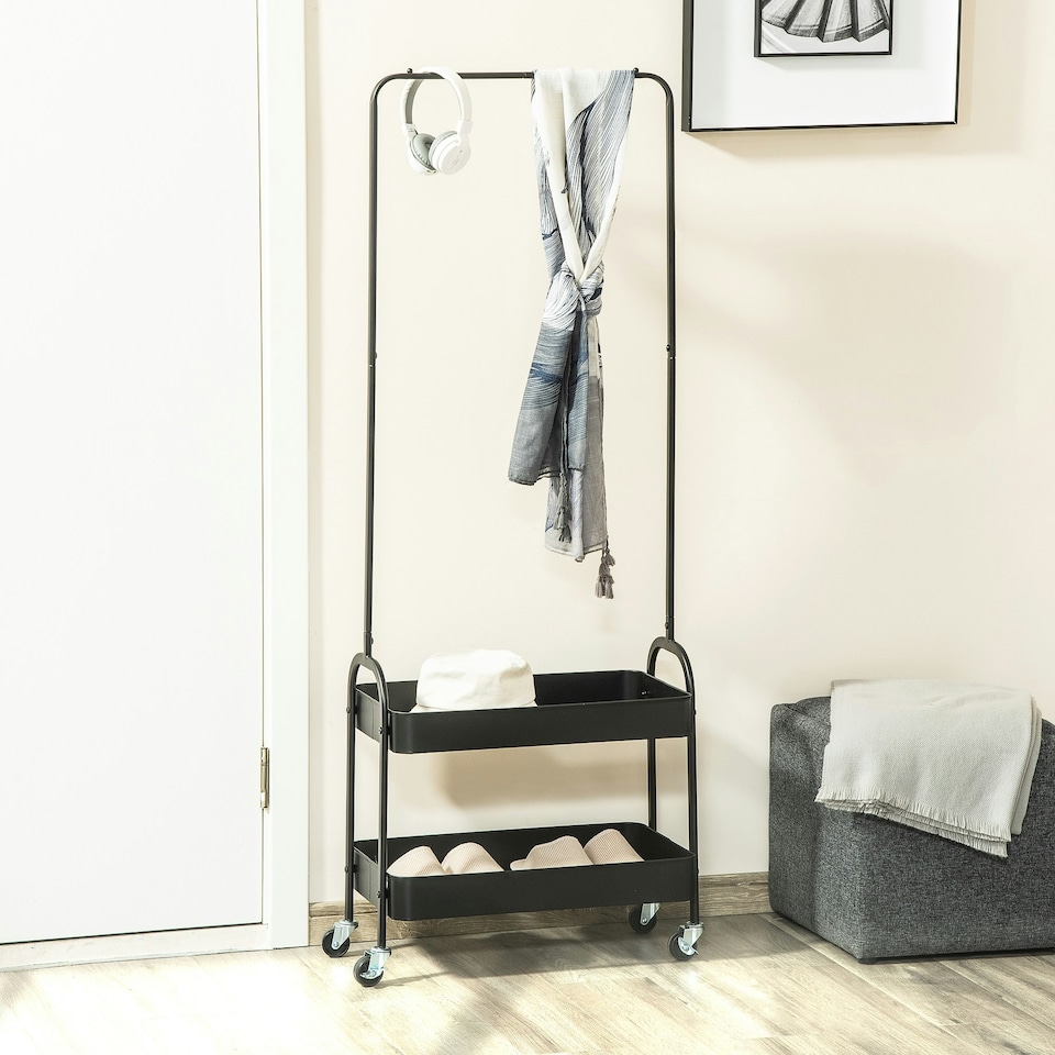 image 1 of HOMCOM Metal Clothes Rack with Shoe Stand, Clothing Rail on Wheels w/ 2 Basket