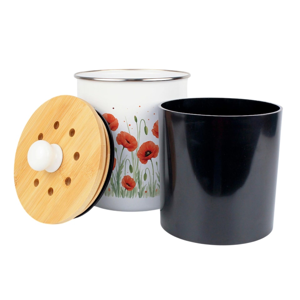 image 1 of Red Poppy Fields Food Waste Caddy - Enamel 2L Kitchen Compost Bin