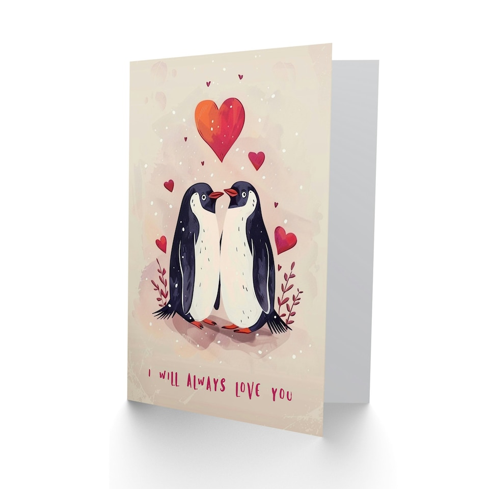 image 1 of Cute Couple Hearts Always Love You Penguin Partner Anniversary Card