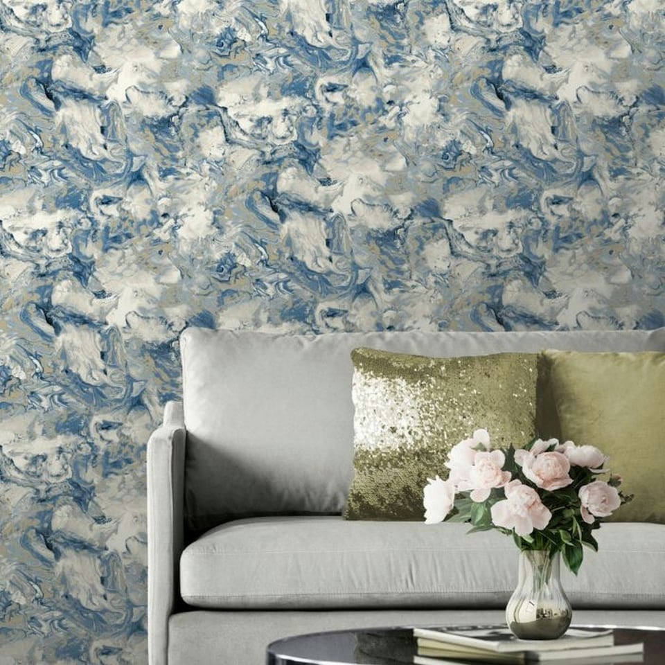 image 1 of Muriva Elixir Marble Wallpaper - Blue/Gold - 10m x 53cm Blue