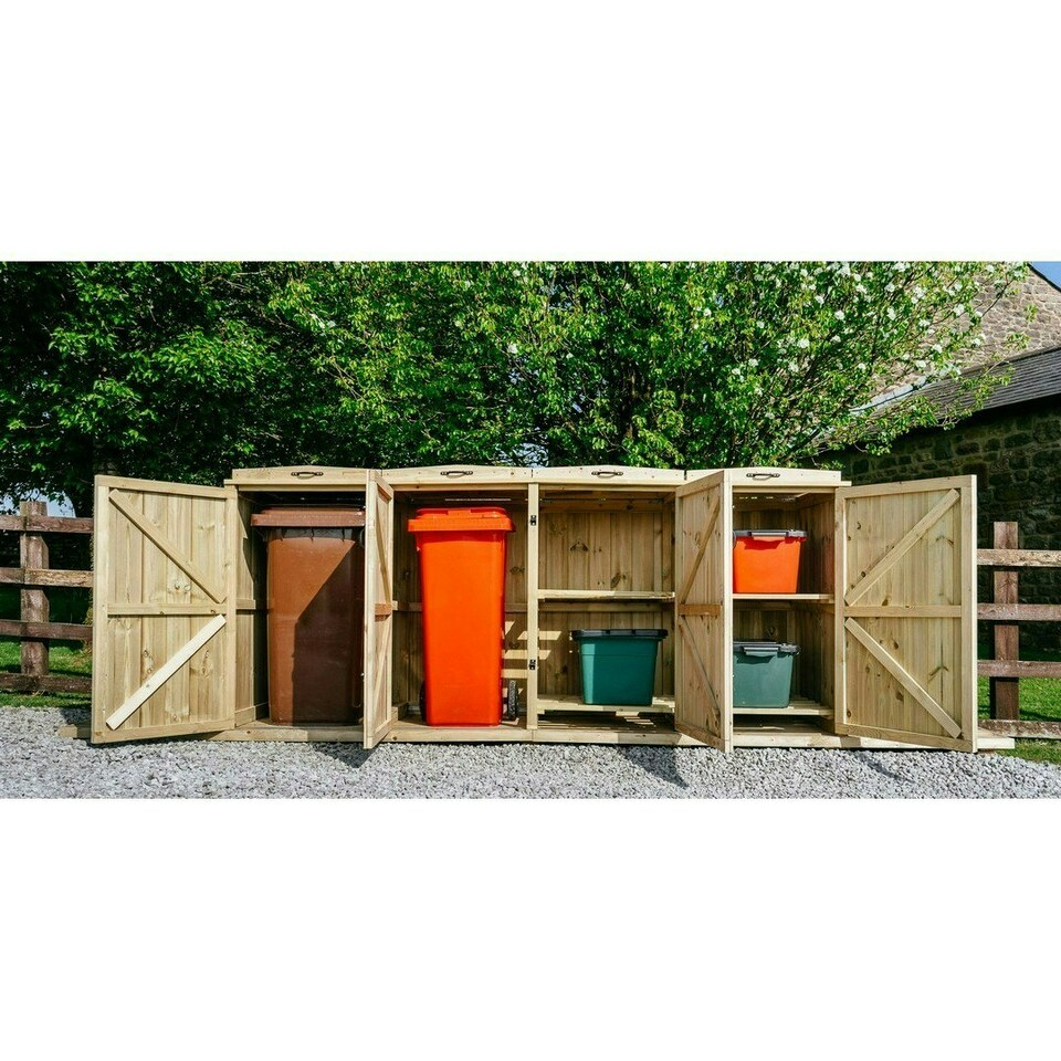 image 1 of Chatburn 2 Wheelie Bin/4 Recycle Box Store - L80.4 x W261.5 x H120 cm - Fits 2x 180L or 2x 240L Wheelie Bins & 4x Recycle Boxes Brown