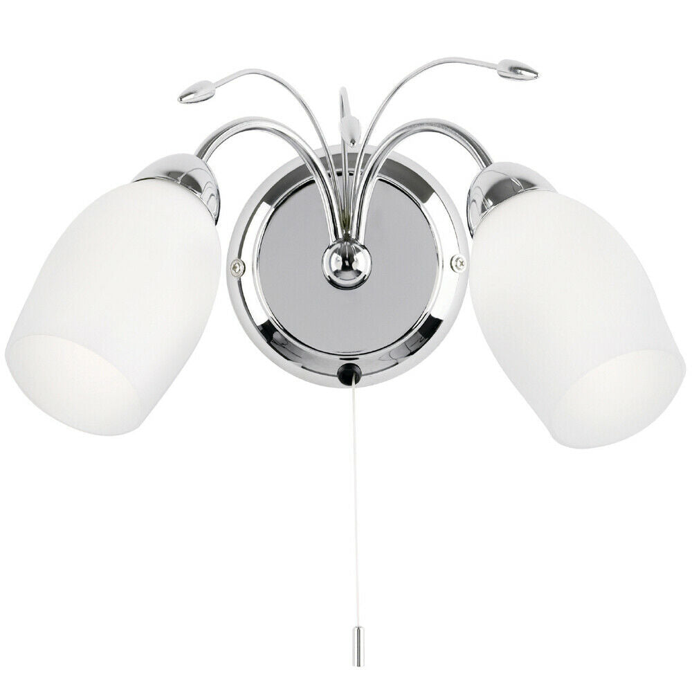 Loops LED Twin Wall Light Pretty Curved Arm Chrome & White Glass Shade Lamp Lighting