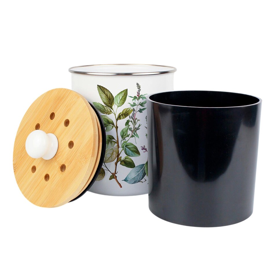 image 1 of Watercolour Herbs Food Waste Caddy - Metal 2L Decorative Kitchen Compost Bin