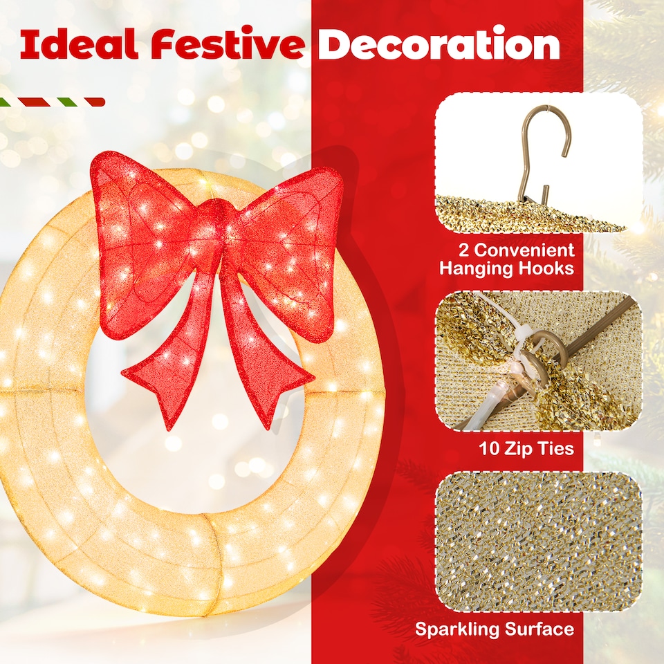 image 1 of COSTWAY 48 Inch Pre-Lit Christmas Wreath Indoor Outdoor Xmas Decorated Garland