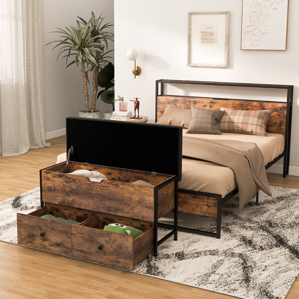 image 1 of COSTWAY Storage Ottoman Bench Flip Top Storage Chest with 2 Drawers Wooden Storage Bench