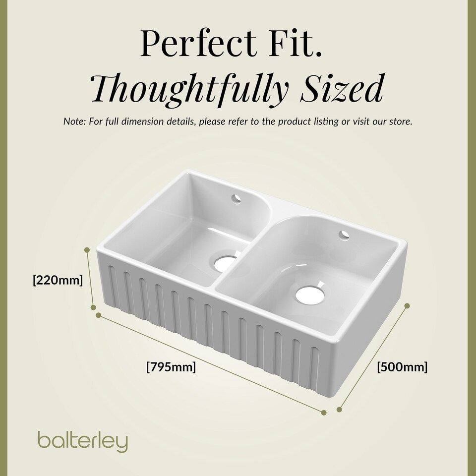 image 1 of Fireclay Kitchen Double Bowl Fluted Front Butler Sink Full Weir 795mm
