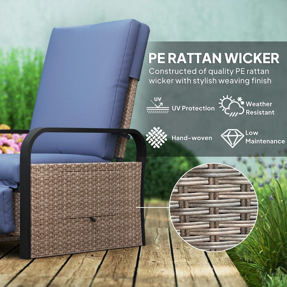 image 1 of Outsunny Rattan Garden Recliner Chair Sun Lounger w/ Side Tray Blue