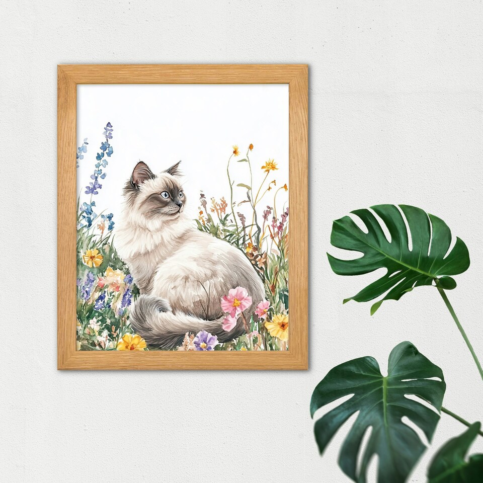 image 1 of Ragdoll Cat Lover Pet Wildflower Floral Portrait Wood Framed Wall Art Print