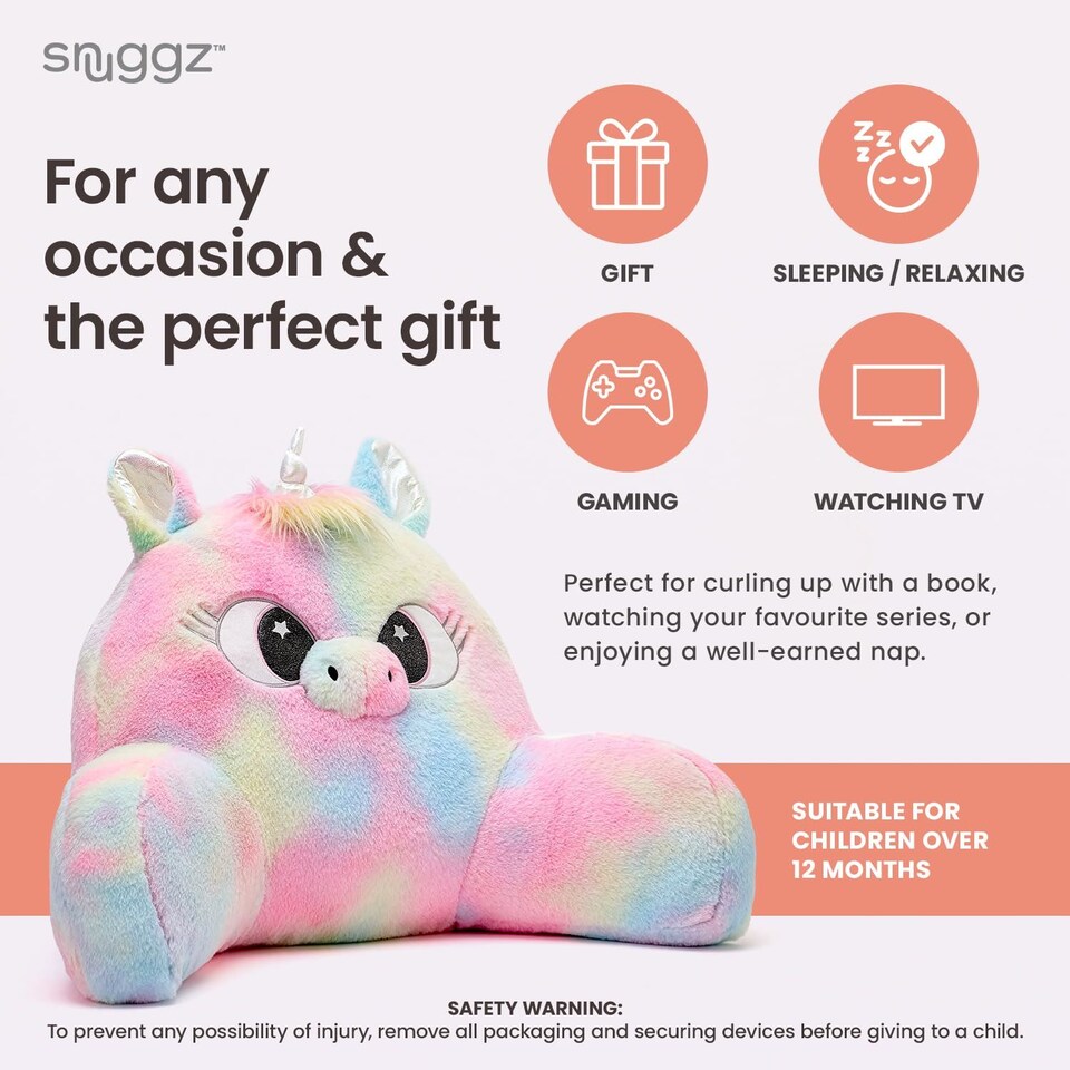 image 1 of Snuggz Unicorn Cuddle Cushion Reading Pillow with Carry Handle 3D Novelty Design Back Support Soft Cosy Bed Pillow - 60 x 40 x 35 cm