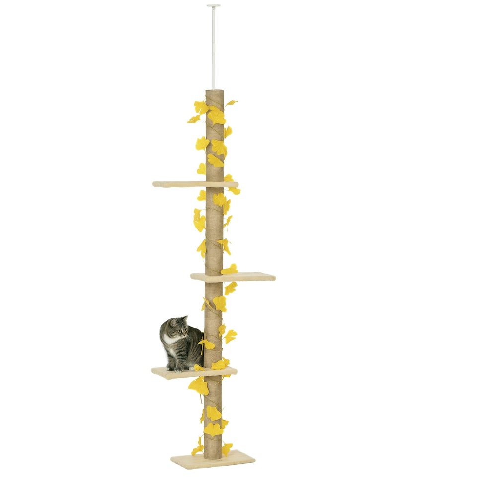 image 1 of PawHut 242cm Floor to Ceiling Cat Tree with Leaves, Scratching Post, Yellow