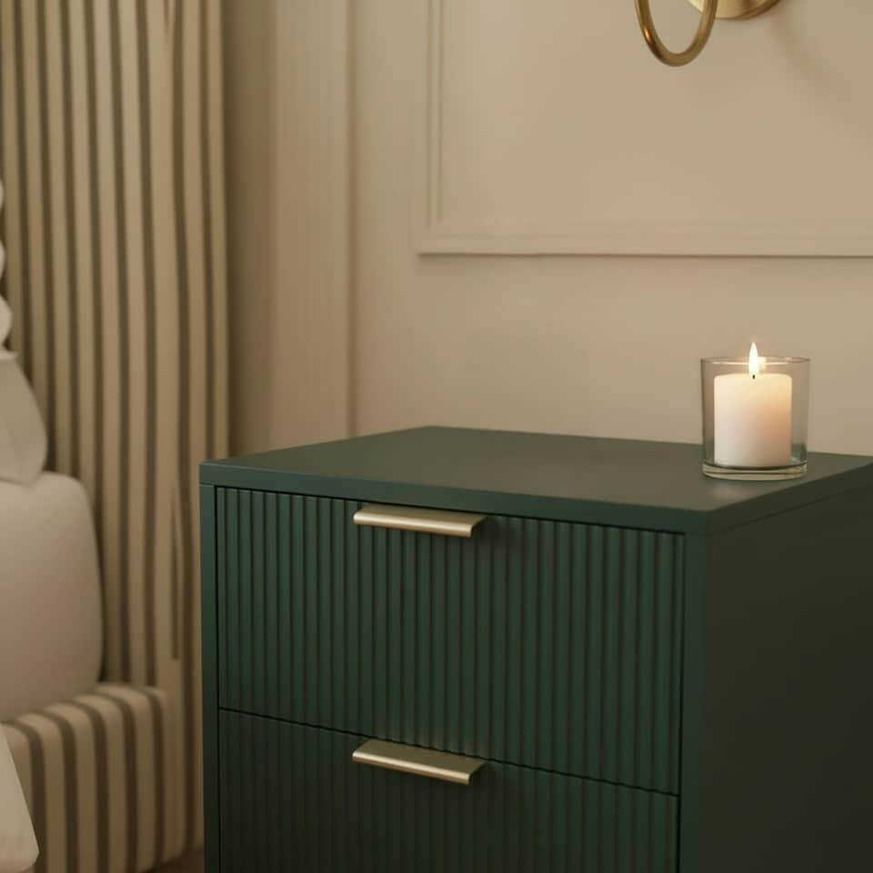 image 1 of OHS Ribbed Bedside Table Modern Bedroom 3 Draw Office Nightstand | Green | Dark Forest Green