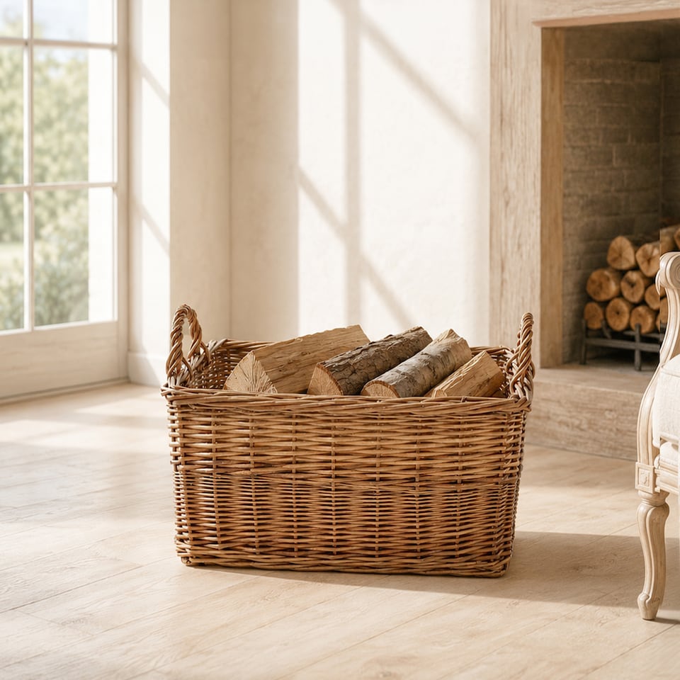 image 1 of Rectangle Rustic Countryside Style Chunky Wicker Fireside Heavy Duty Log Baskets
