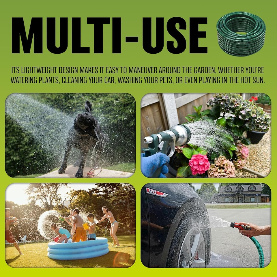 image 1 of 30m Garden Hose Pipe Reel Reinforced Tough Outdoor Water Hosepipe Metre Green Strong Durable