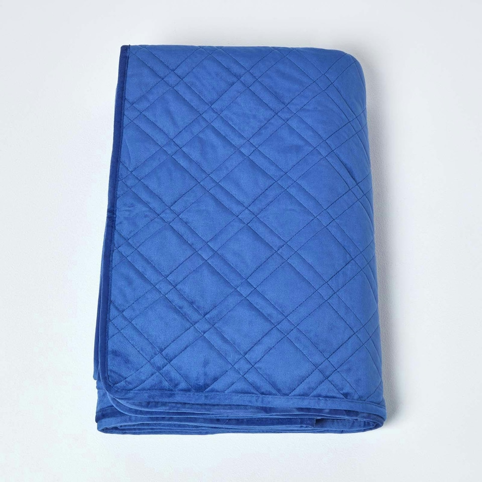 image 1 of Homescapes Navy Blue Paragon Diamond Geometric Velvet Bedspread - 200 x 200 cm | Blue | 1
