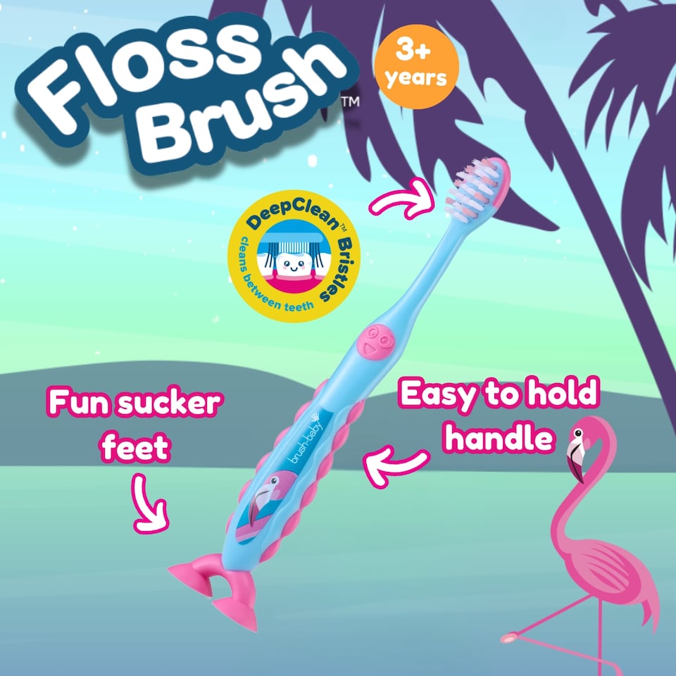 image 1 of Brush Baby Flamingo FlossBrush™ Bristles Toothbrushes Double Pack (3-6 Years)