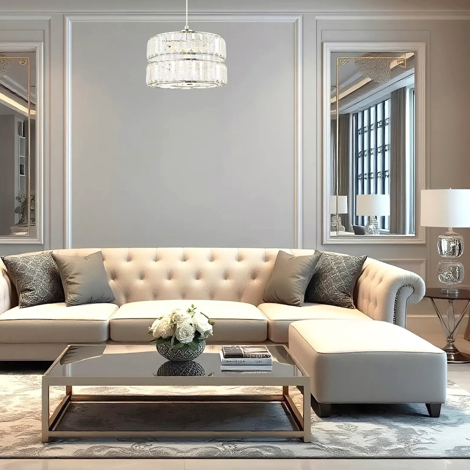 image 1 of Designer Double Tier Easy Fit Pendant Shade with Rows of Clear Acrylic Prisms | Chrome