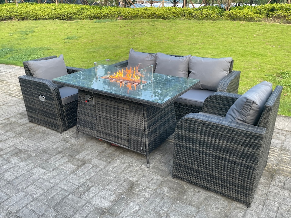 image 1 of Fimous Dark Mixed Grey Rattan Outdoor Garden Furniture Gas Fire Pit Table Gas Heater Sets Lounge Sofa Reclining Adjustable Chairs 5 Seater