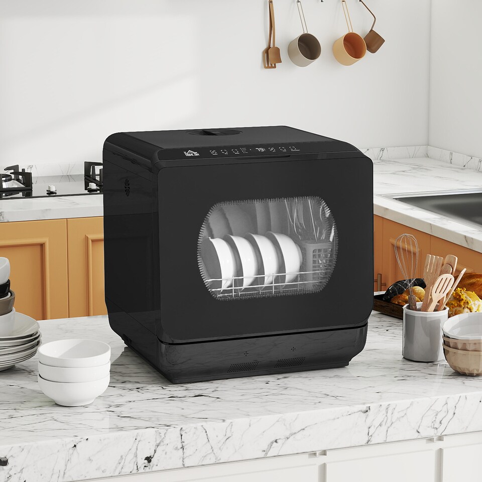image 1 of HOMCOM Table Top Dishwasher, Mini Countertop Dishwasher No Plumbing with Built-in 6L Water Tank, 6 Programs, Touch Control, LED Display, 4 Place Settings, Dual Water Supply and Fruit Wash, Black