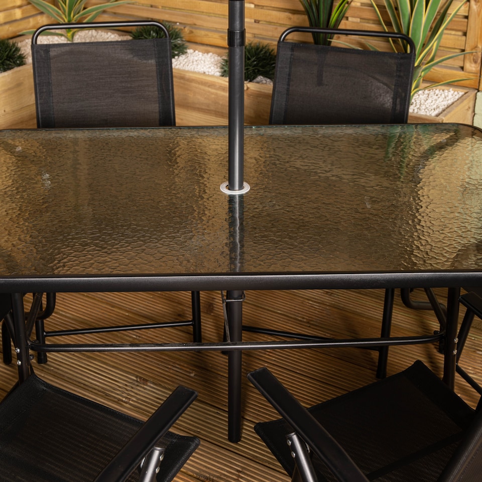 image 1 of Samuel Alexander Outdoor 6 Seater Glass Top Table and Chairs Patio Set with Parasol in Black