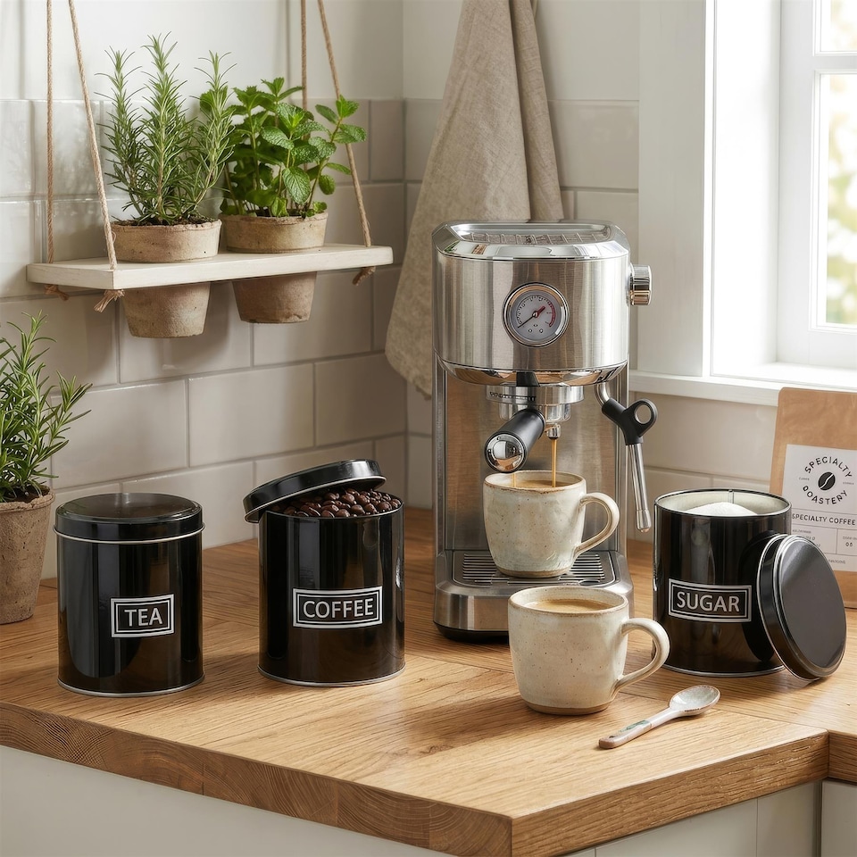 image 1 of Harbour Housewares 3pc Tea Coffee Sugar Canister Set - Round Metal Airtight Kitchen Canister Tin Pots