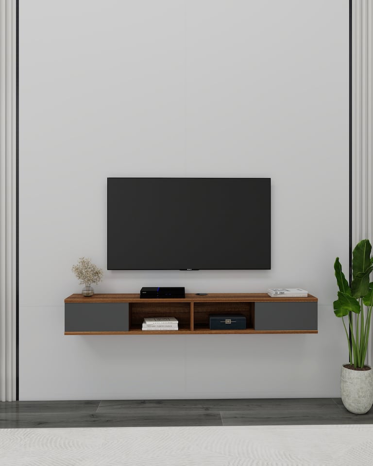 image 1 of Mayer Floating TV Stand with Shelves and Cabinets | Multi | Light Walnut & Anthracite | One Size | 1