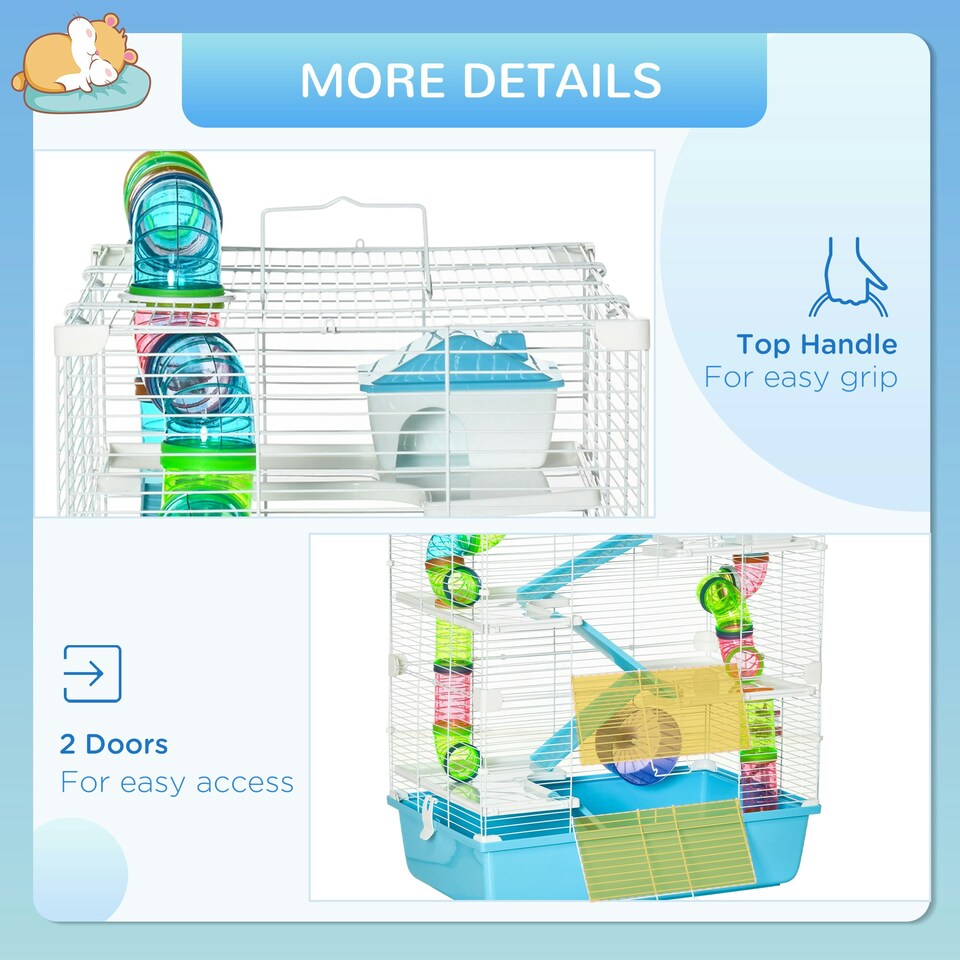 image 1 of PawHut Hamster Cage w/ Water Bottle, Exercise Wheel, Tubes, Ramps-Light Blue
