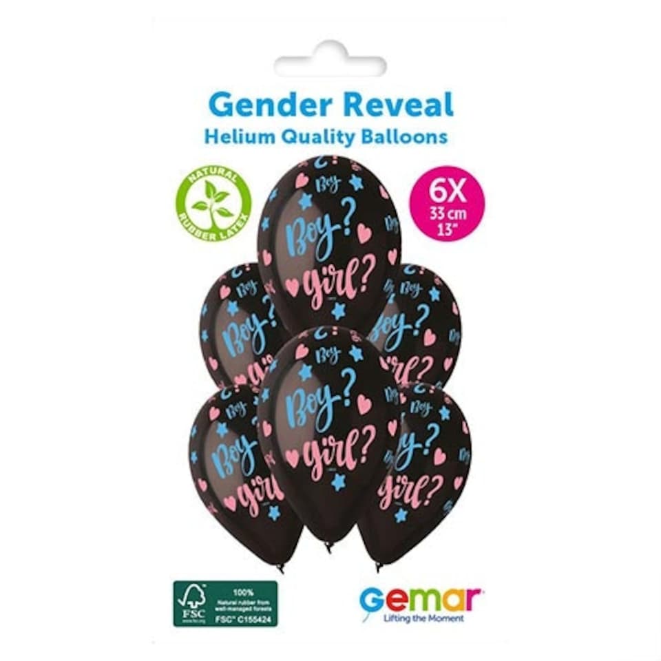 image 1 of Boy or Girl Gender Reveal Black Latex Balloons 33cm / 13 in - Pack of 6