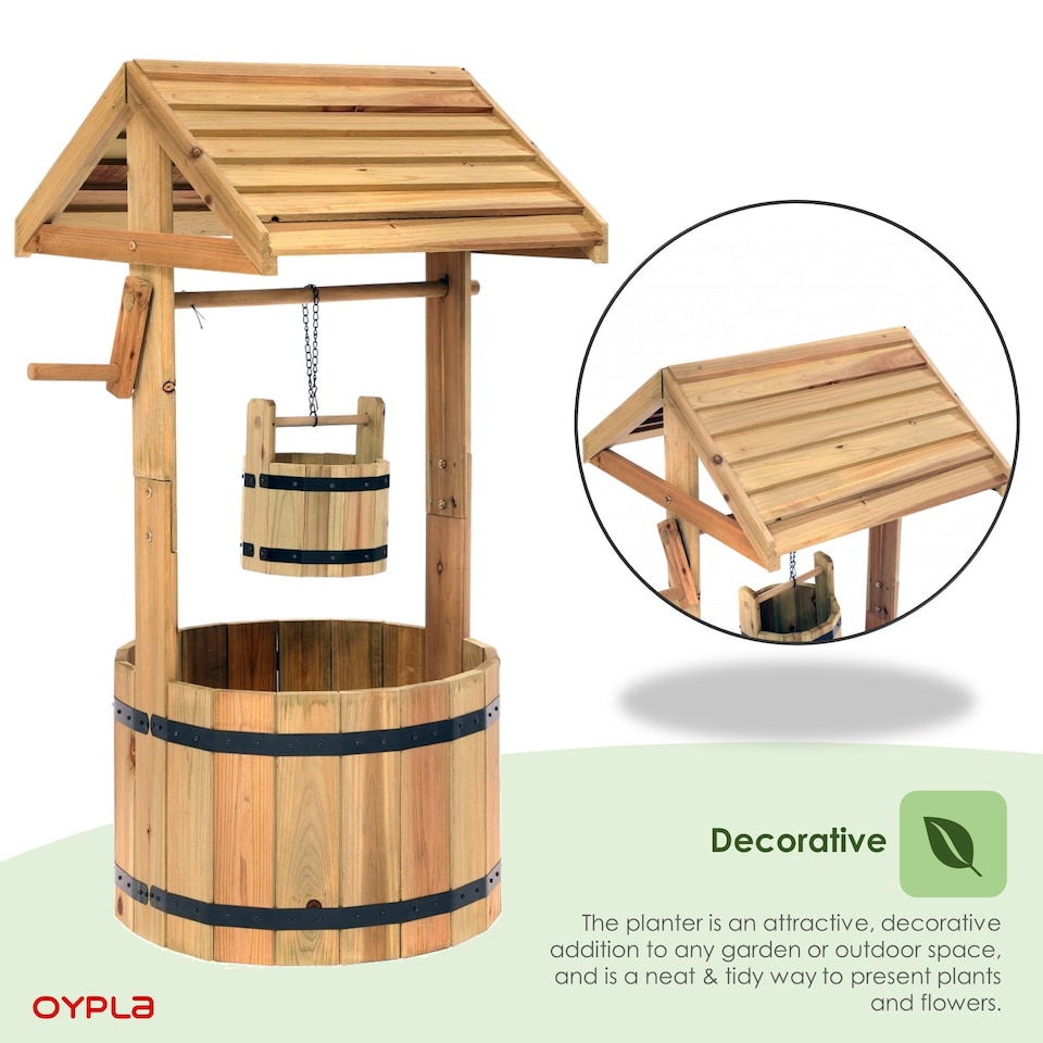 image 1 of Garden Wooden Wishing Well Flower Planter Ornamental Plant Pot | Brown